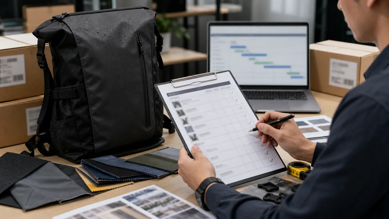 Mochila impermeável, amostras de material e checklist de inspeção em mesa B2B