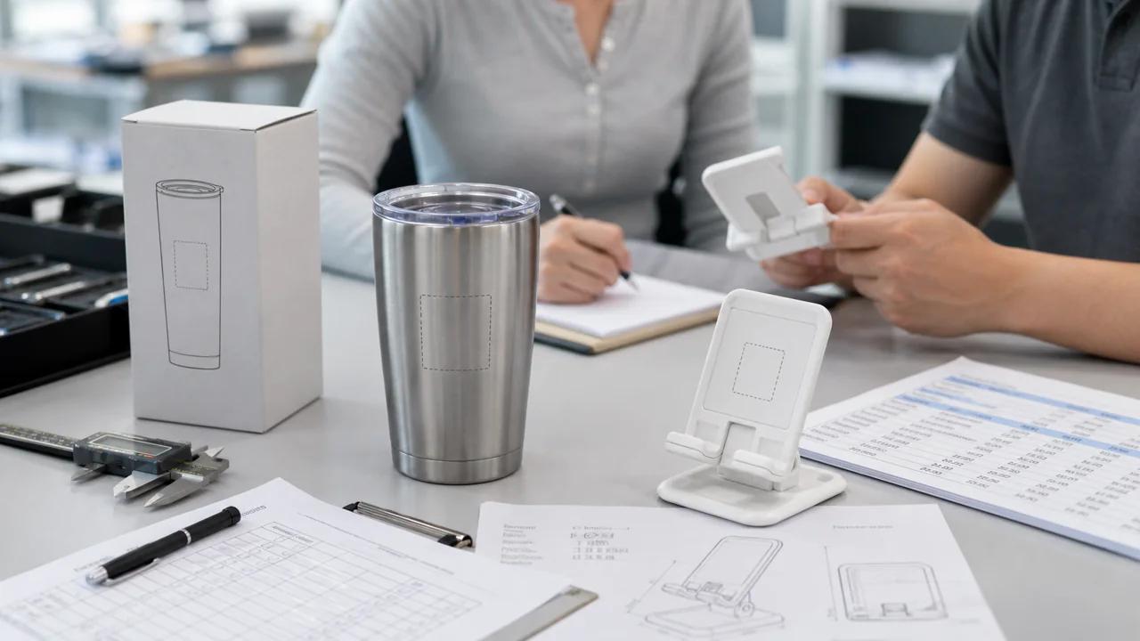 Mesa de fábrica com protótipo simples, embalagem, paquímetro e checklist de inspeção