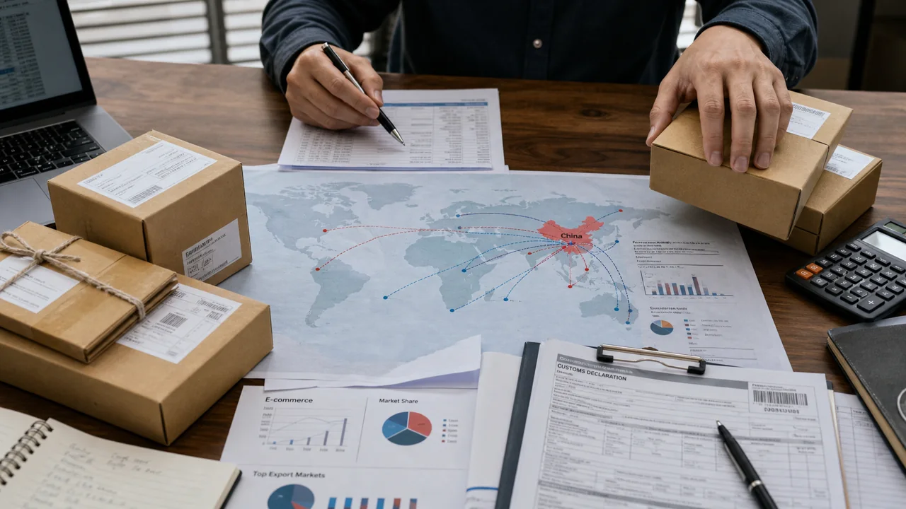 Mesa logística com pacotes, mapa-múndi, folhas de rota e documentos de envio