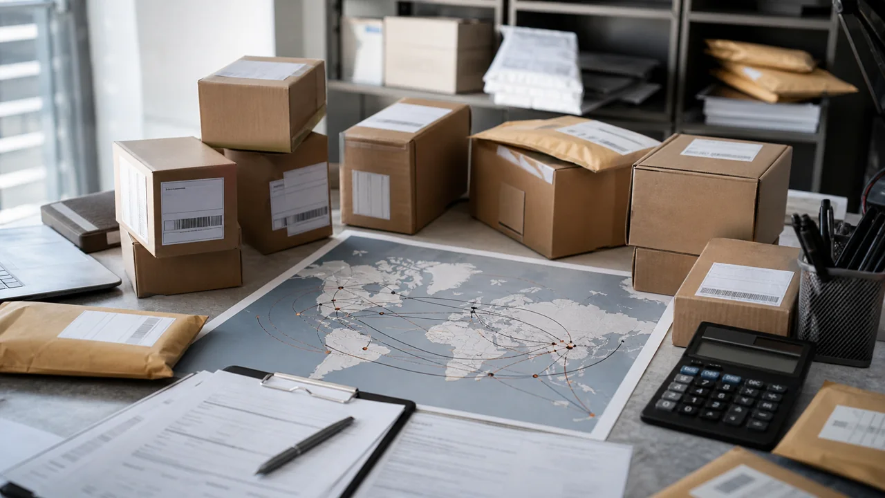 Mesa logística com pequenos pacotes, mapa de rotas e documentos de envio