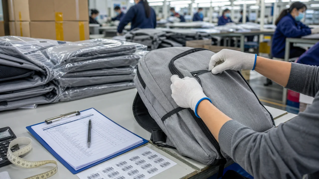Mesa de inspeção com produtos têxteis, checklist de qualidade, fita métrica e caixas